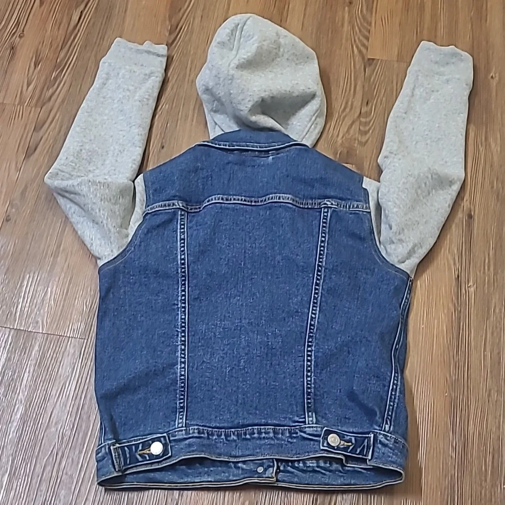 women Denim and Gray Hooded‎ Jacket